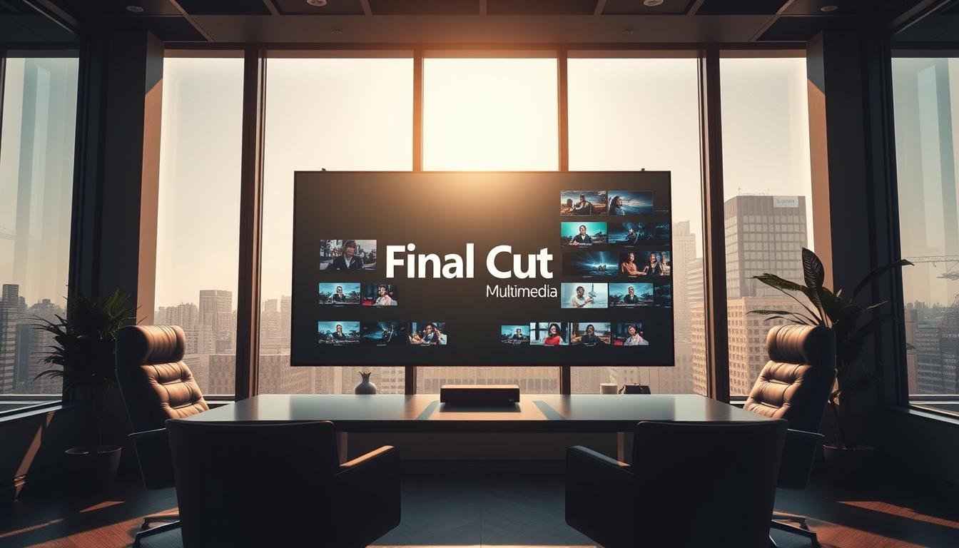 A professional and sleek portfolio review for a video editing company, Final Cut Multimedia. The scene features a modern office setting with a large, high-resolution display showcasing the company's diverse video projects. Dramatic lighting from oversized windows casts an artistic glow, while a minimalist desk and stylish leather chairs create an atmosphere of refinement. The company's branding, "Final Cut Multimedia", is prominently displayed on the screen, highlighting their expertise and professionalism. The overall mood conveys a sense of quality, innovation, and attention to detail that potential clients would expect from a leading video editing service.