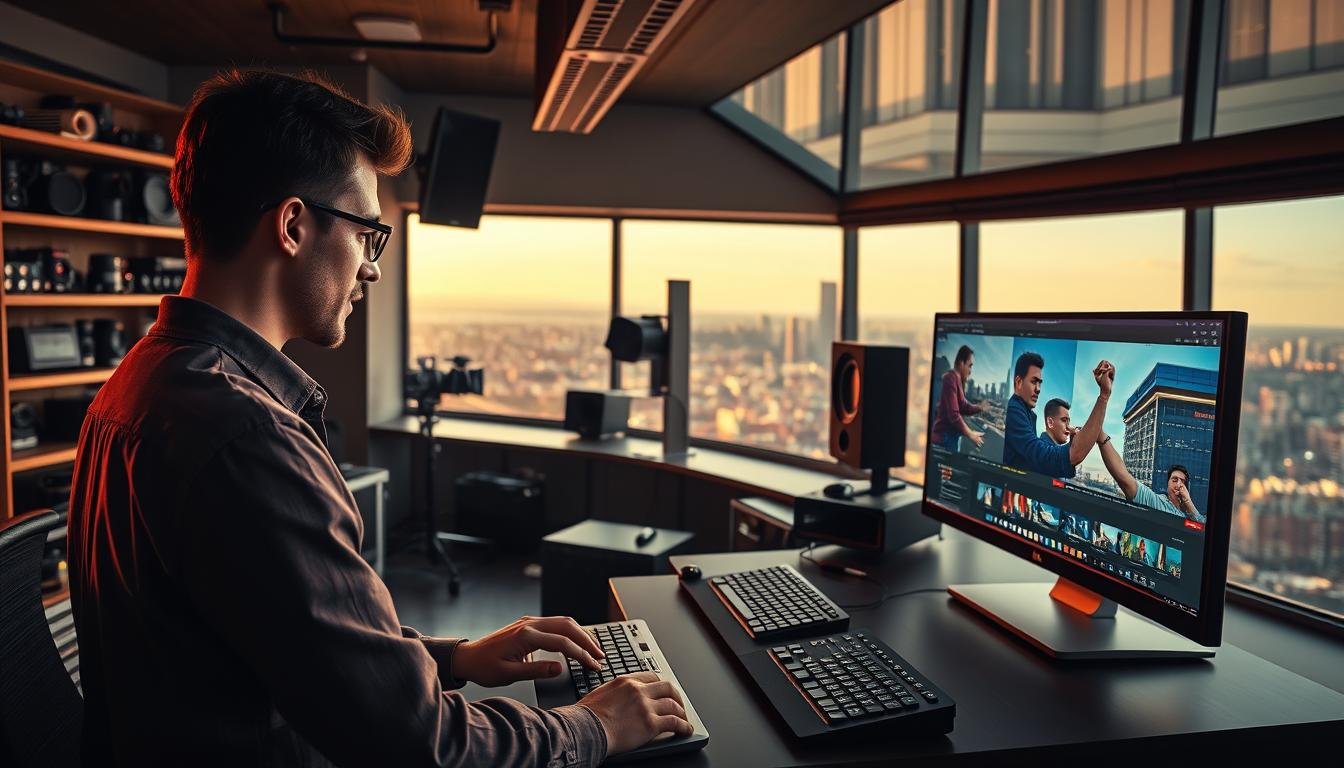 A vibrant, ultramodern video editing studio, bathed in warm, cinematic lighting. In the foreground, a skilled editor intently focuses on a sleek, state-of-the-art Final Cut Multimedia workstation, fingers dancing across the keyboard and trackpad. Surrounding them, an array of high-resolution monitors displaying a dynamic, color-graded video sequence. In the middle ground, shelves brimming with professional camera equipment, lenses, and accessories, hinting at the diverse creative capabilities of Final Cut Multimedia. The background features a panoramic cityscape, reflecting the editor's boundless imagination and technical prowess. An atmosphere of focus, innovation, and cinematic flair pervades the scene.