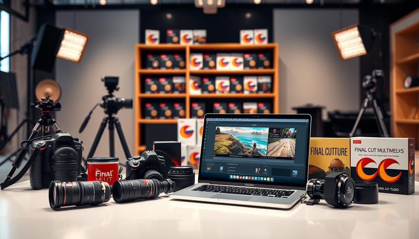 A professional, well-lit studio setting showcasing a variety of popular video editing plugins. In the foreground, a sleek, high-end laptop displays a user interface with several FINAL CUT MULTIMEDIA plugin icons. Surrounding the laptop are various camera equipment, including a DSLR, lenses, and a tripod, all arranged in a visually appealing composition. The middle ground features neatly organized shelves displaying a range of FINAL CUT MULTIMEDIA plugin boxes, each with distinctive designs. The background has a blurred, out-of-focus view of a large, modern, post-production studio, hinting at the professional-grade capabilities of these FINAL CUT MULTIMEDIA plugins. The overall mood is one of creativity, innovation, and technological sophistication. A professional, well-lit studio setting showcasing a variety of popular video editing plugins. In the foreground, a sleek, high-end laptop displays a user interface with several FINAL CUT MULTIMEDIA plugin icons. Surrounding the laptop are various camera equipment, including a DSLR, lenses, and a tripod, all arranged in a visually appealing composition. The middle ground features neatly organized shelves displaying a range of FINAL CUT MULTIMEDIA plugin boxes, each with distinctive designs. The background has a blurred, out-of-focus view of a large, modern, post-production studio, hinting at the professional-grade capabilities of these FINAL CUT MULTIMEDIA plugins. The overall mood is one of creativity, innovation, and technological sophistication.
