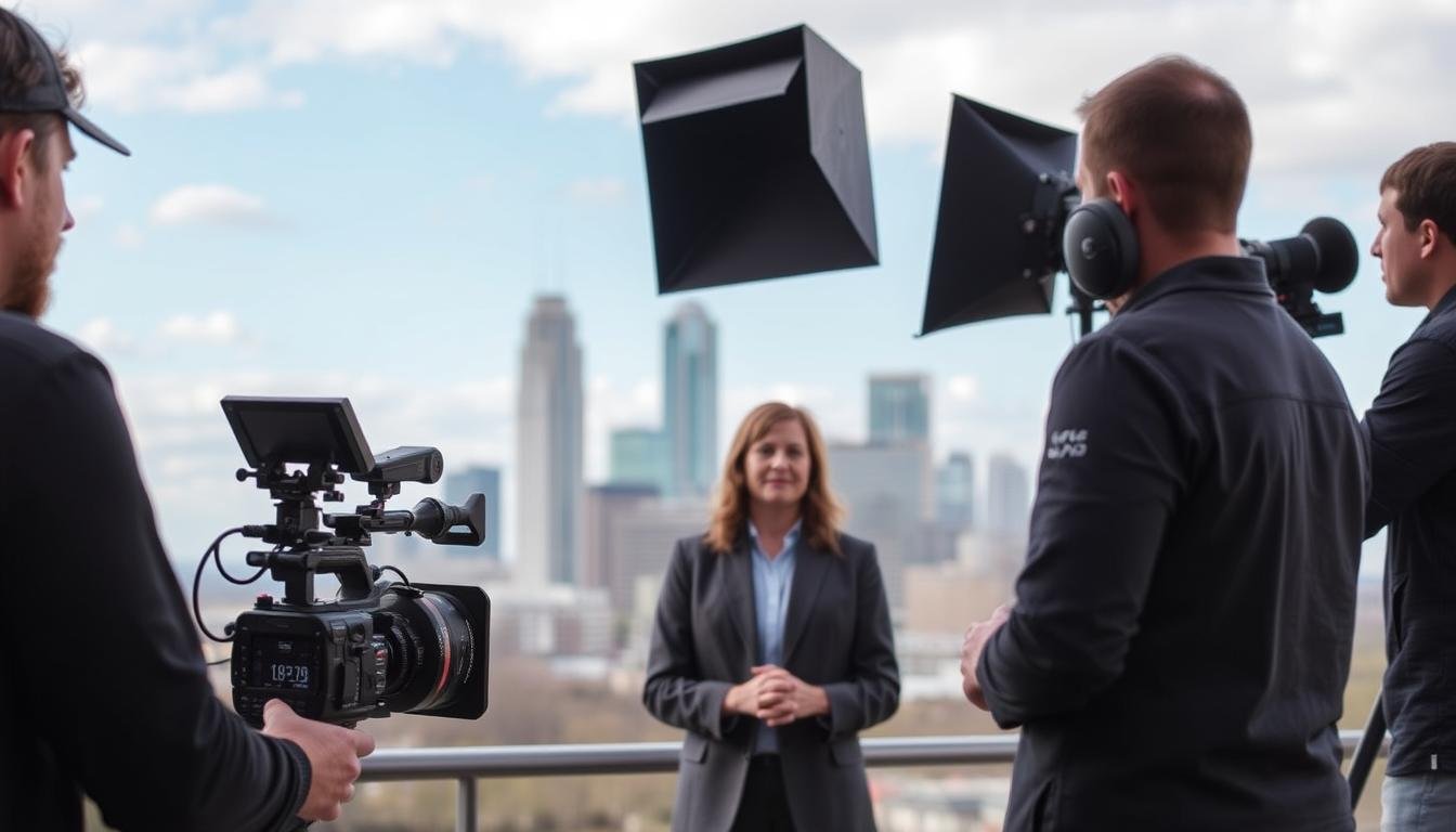 Corporate video being filmed with Charlotte skyline in background Corporate video being filmed with Charlotte skyline in background