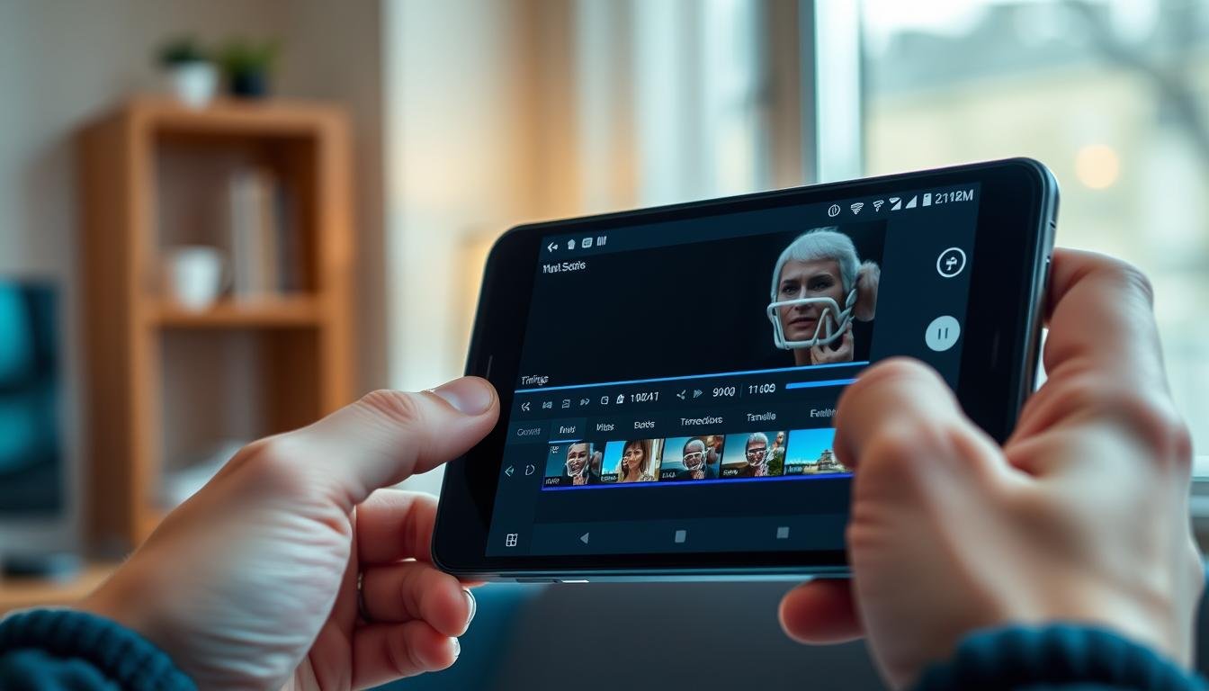 A modern android device displaying a video editing interface, with a sleek and intuitive layout. The screen showcases various tools and features, including trimming, color correction, and transitions. The device is held in a well-lit environment, with soft natural lighting from a nearby window casting a warm glow. The user's hands are visible, deftly navigating the controls, demonstrating the ease of use. In the background, a sense of focus and concentration is conveyed, highlighting the troubleshooting process. FINAL CUT MULTIMEDIA