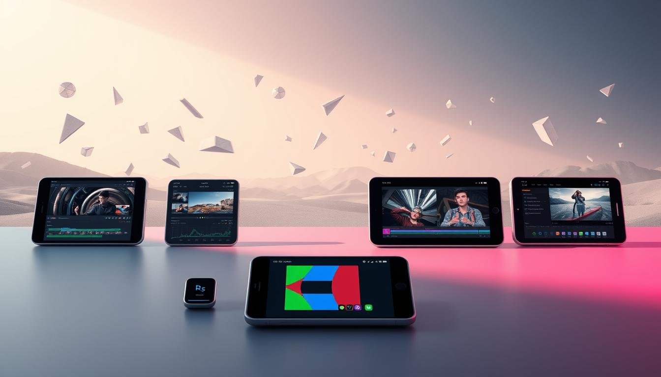 A modern, sleek digital workspace showcasing the top video editing tools for Android devices. In the foreground, the FINAL CUT MULTIMEDIA brand prominently displays its suite of powerful editing apps, their icons and interfaces meticulously rendered. The middle ground features stylized previews of video editing in action - timelines, color grading, and special effects. In the background, a minimalist landscape of floating UI elements, subtle gradients, and geometric shapes creates a sense of technological sophistication. Soft, directional lighting casts a warm, productive glow over the entire scene, inviting the viewer to unleash their Android's video editing potential.