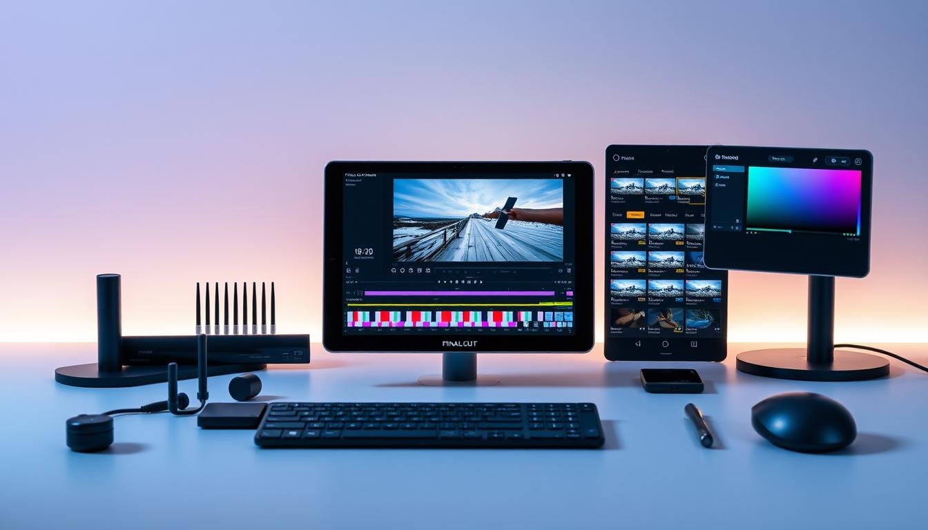 A modern, sleek video editing workstation for an Android device. In the center, a FINAL CUT MULTIMEDIA branded tablet showcases a video timeline with crisp, high-resolution footage. Surrounding it, an array of editing tools and controls, such as sliders, buttons, and a color grading palette, all in a minimalist, intuitive design. The background features a subtle gradient, creating a sense of depth and focus on the central device. Soft, diffused lighting illuminates the scene, highlighting the elegance and functionality of this powerful mobile video editing setup.