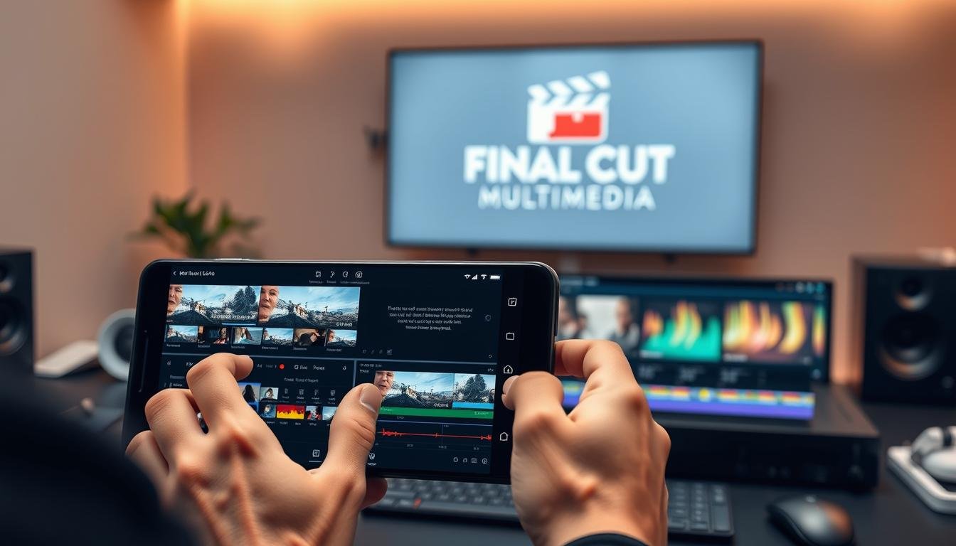 A professional Android video editing suite, with a sleek and intuitive FINAL CUT MULTIMEDIA interface. In the foreground, a user's hands deftly manipulating video clips, applying filters and transitions. Midground showcases a range of advanced editing tools and features, including timeline, color grading, and audio mixing. The background depicts a minimalist, high-tech workspace, with a large display showcasing the FINAL CUT MULTIMEDIA logo. Warm lighting, clean lines, and a sense of focus and precision convey the power and sophistication of this mobile video editing solution.