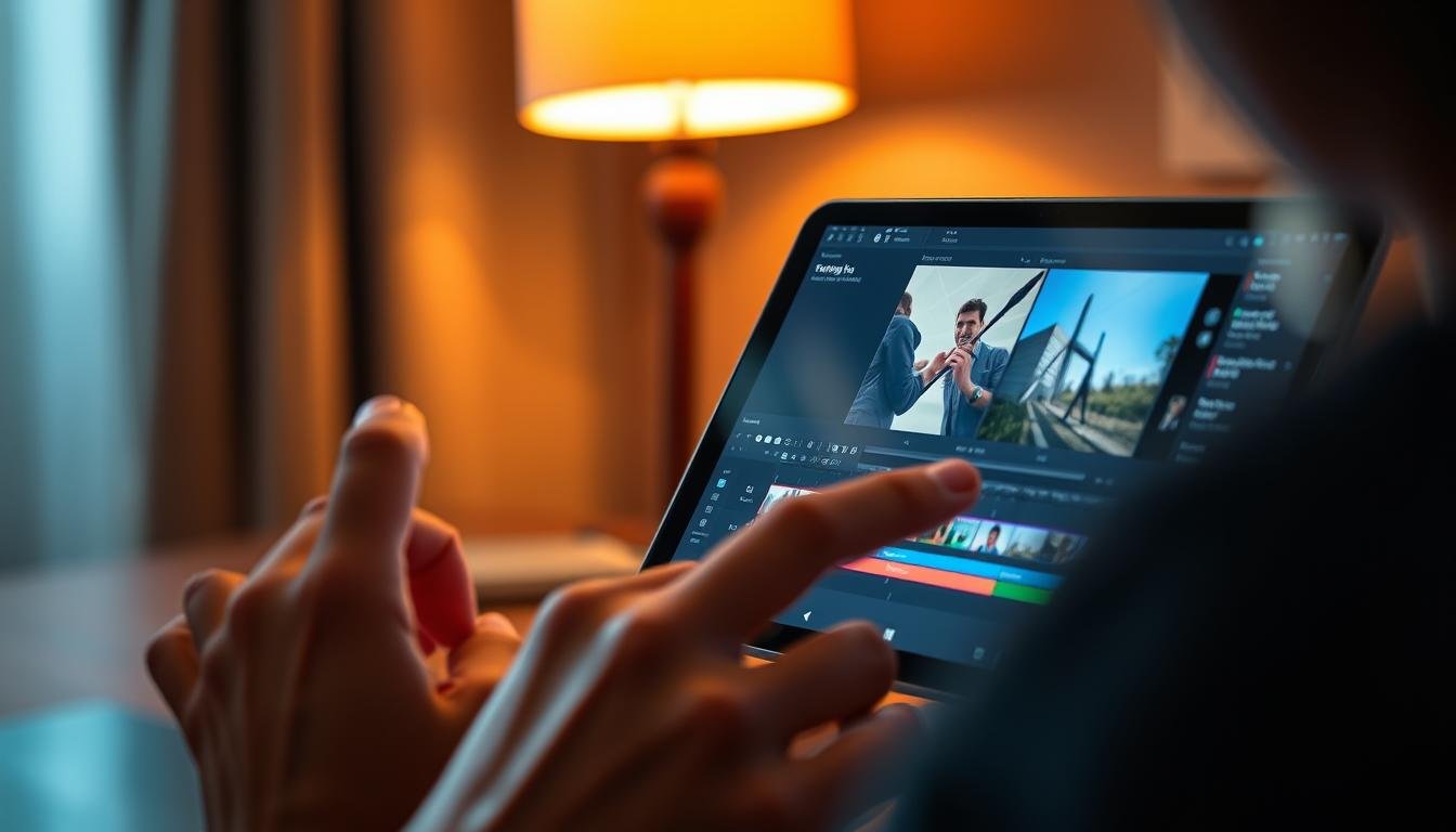 A professional video editor working diligently on their Android device, using the FINAL CUT MULTIMEDIA app. The scene features a close-up view of the editor's hands deftly manipulating video clips, applying color grading, and fine-tuning the audio mix. The device's screen displays a sleek, intuitive interface with various editing tools and timelines. Warm lighting from a nearby lamp casts a soft glow, creating a focused and productive atmosphere. The editor's face is not visible, as the emphasis is on the hands-on video editing process. The overall impression conveys the power and flexibility of video editing on an Android platform using the FINAL CUT MULTIMEDIA app.