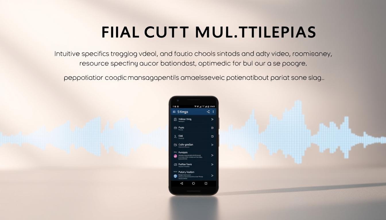 A serene Android device against a backdrop of soft, diffused lighting, showcasing intuitive video editing tools and optimized performance. In the foreground, FINAL CUT MULTIMEDIA's sleek and minimalist interface is displayed, highlighting seamless video trimming, color grading, and audio mixing capabilities. The middle ground features an array of Android-specific optimization settings, such as resource allocation, cache management, and battery-saving modes. In the background, a stylized representation of video frames and waveforms creates a dynamic, tech-savvy ambiance, emphasizing the device's video editing prowess. The overall composition conveys a sense of efficiency, creativity, and the power of FINAL CUT MULTIMEDIA to unleash the full potential of Android-based video editing.