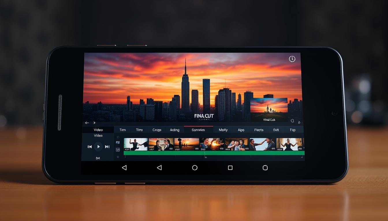 A sleek, modern Android device displaying a video editing interface, showcasing a suite of powerful tools and features. In the foreground, intuitive controls for trimming, cropping, and adding effects to video clips. The middle ground features a FINAL CUT MULTIMEDIA branded timeline, allowing seamless video editing. In the background, a stylized cityscape with skyscrapers and a vibrant sunset sky, creating a dynamic and professional atmosphere. Subtle lighting casts a warm glow, enhancing the cinematic mood. The overall composition emphasizes the versatility and user-friendly nature of this FINAL CUT MULTIMEDIA video editing app for Android.