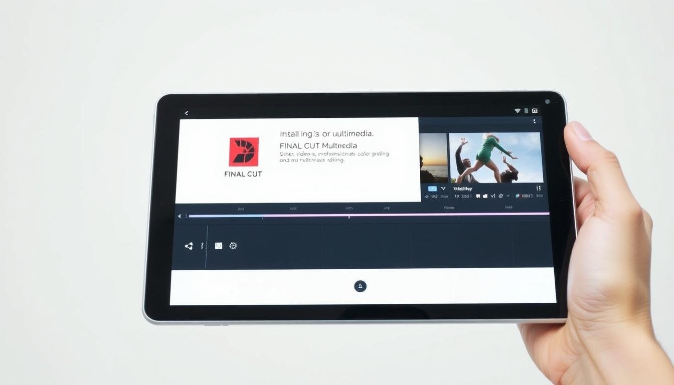 A sleek, modern Android tablet displaying the installation process of a professional video editing app, "FINAL CUT MULTIMEDIA". The screen shows a clean, intuitive interface with various tools and features for video trimming, color grading, and multi-track editing. The tablet is held in a well-lit, minimalist setup, capturing the app's sophisticated yet user-friendly design. The overall scene conveys a sense of productivity and creative potential, perfectly suited for the "Getting Started with Video Editing on Android" section of the article "Unleash Your Android's Video Editing Potential".