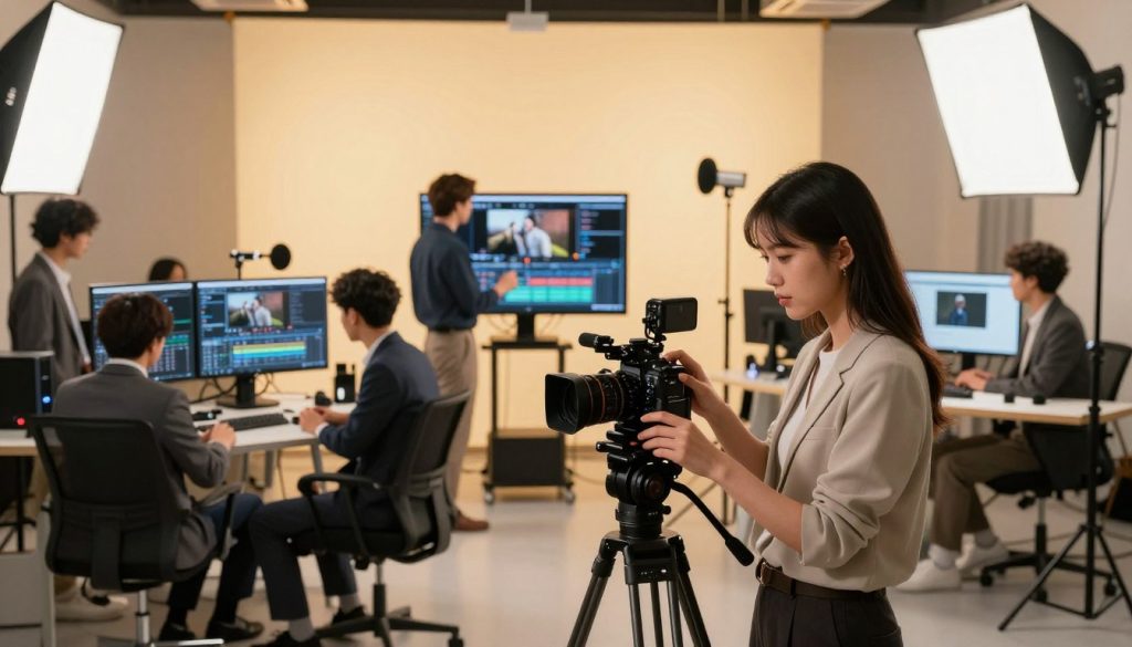 A bustling technical video production studio, showcasing a diverse team of professionals in smart business attire engaged in various tasks. In the foreground, a young woman adjusts a high-end camera set on a tripod, closely examining the camera settings. The middle ground features a man analyzing footage on a large screen, surrounded by video editing equipment and monitors. In the background, a well-organized set with softbox lighting creates a warm, inviting atmosphere. The studio is filled with various filming tools, such as microphones and light stands, conveying an innovative workspace. The logo "Final Cut Multimedia" subtly integrated into the scene. Bright, focused lighting highlights the teamwork and creativity essential to video content creation, emphasizing a collaborative environment. A bustling technical video production studio, showcasing a diverse team of professionals in smart business attire engaged in various tasks. In the foreground, a young woman adjusts a high-end camera set on a tripod, closely examining the camera settings. The middle ground features a man analyzing footage on a large screen, surrounded by video editing equipment and monitors. In the background, a well-organized set with softbox lighting creates a warm, inviting atmosphere. The studio is filled with various filming tools, such as microphones and light stands, conveying an innovative workspace. The logo "Final Cut Multimedia" subtly integrated into the scene. Bright, focused lighting highlights the teamwork and creativity essential to video content creation, emphasizing a collaborative environment.