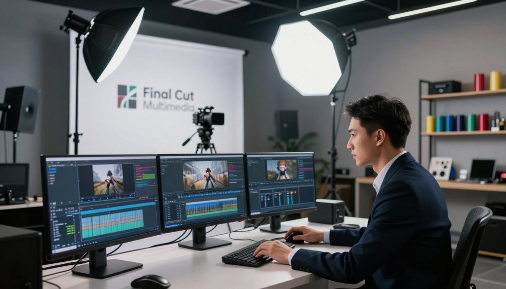 A modern video production studio workspace, featuring a sleek editing desk with multiple monitors displaying video editing software. In the foreground, a professional wearing smart business attire is focused on editing footage, their face illuminated by the soft glow of the screens. In the middle space, a high-quality camera on a tripod faces a well-lit backdrop decorated with "Final Cut Multimedia" branding. There’s a large overhead softbox providing diffused lighting, creating a professional atmosphere. In the background, shelves lined with video production equipment and colorful film spools convey creativity and expertise. The mood is dynamic yet focused, emphasizing professionalism and innovation in video content creation. A modern video production studio workspace, featuring a sleek editing desk with multiple monitors displaying video editing software. In the foreground, a professional wearing smart business attire is focused on editing footage, their face illuminated by the soft glow of the screens. In the middle space, a high-quality camera on a tripod faces a well-lit backdrop decorated with "Final Cut Multimedia" branding. There’s a large overhead softbox providing diffused lighting, creating a professional atmosphere. In the background, shelves lined with video production equipment and colorful film spools convey creativity and expertise. The mood is dynamic yet focused, emphasizing professionalism and innovation in video content creation.