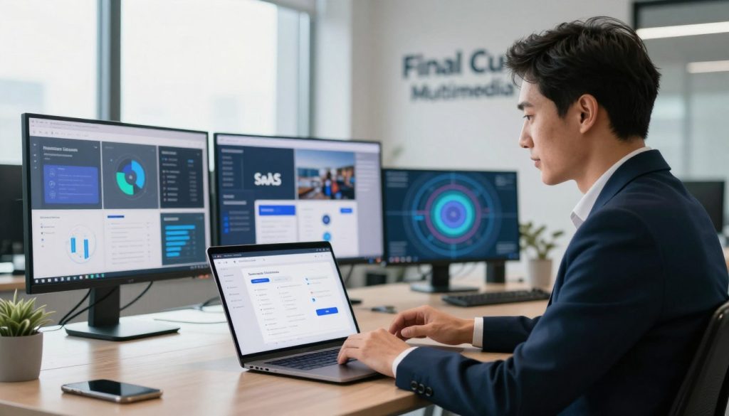 A sleek, modern office environment serves as the backdrop for a professional product demo. In the foreground, a confident business professional in smart attire demonstrates innovative software on a high-resolution laptop, showcasing an intuitive interface. The middle layer features engaging elements like digital screens displaying analytics and visuals representing SaaS solutions. Soft, diffused natural light pours in through large windows, creating an inviting atmosphere with subtle highlights on the presenter’s focused expression. The scene captures a blend of professionalism and creativity, emphasizing the tech-forward nature of the demonstration. In the background, branded materials display "Final Cut Multimedia," reinforcing the identity of the company. The mood is dynamic and inspiring, suitable for SaaS and tech company promotions. A sleek, modern office environment serves as the backdrop for a professional product demo. In the foreground, a confident business professional in smart attire demonstrates innovative software on a high-resolution laptop, showcasing an intuitive interface. The middle layer features engaging elements like digital screens displaying analytics and visuals representing SaaS solutions. Soft, diffused natural light pours in through large windows, creating an inviting atmosphere with subtle highlights on the presenter’s focused expression. The scene captures a blend of professionalism and creativity, emphasizing the tech-forward nature of the demonstration. In the background, branded materials display "Final Cut Multimedia," reinforcing the identity of the company. The mood is dynamic and inspiring, suitable for SaaS and tech company promotions.