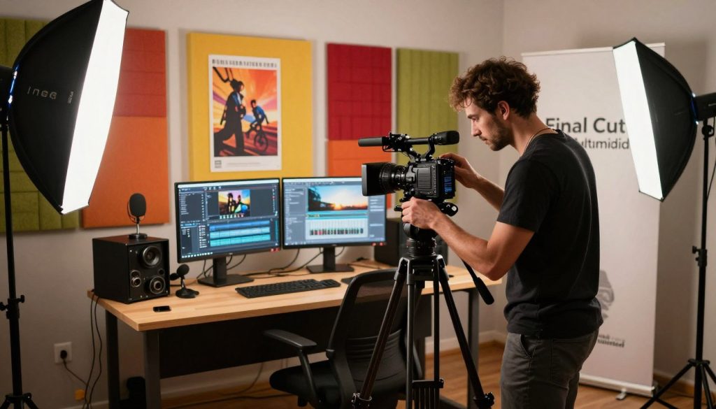 A video production studio environment showcasing a professional setup. In the foreground, a skilled videographer, dressed in smart casual attire, is focused on adjusting a high-quality camera on a tripod, with a soft light illuminating their work. The middle ground features a modern editing station, complete with dual monitors displaying video editing software, surrounded by various equipment like microphones and lighting gear. In the background, vibrant soundproofing panels and film posters create an inspiring atmosphere. The overall mood is dynamic yet professional, emphasizing the balance between creativity and budget. The brand name "Final Cut Multimedia" is subtly integrated into the scene, perhaps displayed on a company banner or a branding element within the workspace. The lighting is warm and inviting, suggesting a collaborative environment. A video production studio environment showcasing a professional setup. In the foreground, a skilled videographer, dressed in smart casual attire, is focused on adjusting a high-quality camera on a tripod, with a soft light illuminating their work. The middle ground features a modern editing station, complete with dual monitors displaying video editing software, surrounded by various equipment like microphones and lighting gear. In the background, vibrant soundproofing panels and film posters create an inspiring atmosphere. The overall mood is dynamic yet professional, emphasizing the balance between creativity and budget. The brand name "Final Cut Multimedia" is subtly integrated into the scene, perhaps displayed on a company banner or a branding element within the workspace. The lighting is warm and inviting, suggesting a collaborative environment.