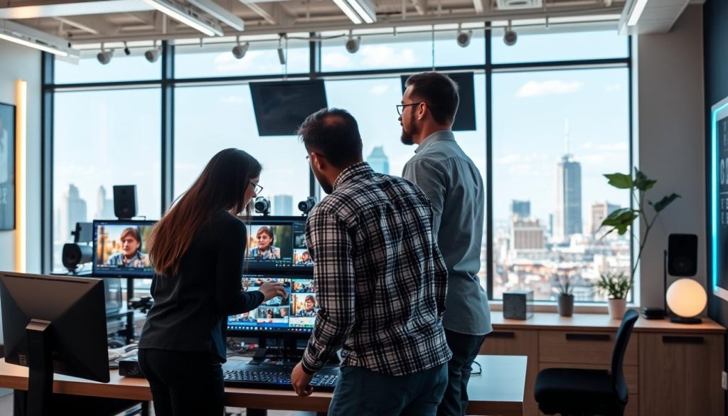 A dynamic workspace scene showcasing a professional team engaging in the creation of short form video content. In the foreground, a diverse group of three individuals—two in smart casual attire and one in business formal—are collaborating around a modern editing station filled with screens displaying vibrant video clips and graphics. The middle ground features a large window showcasing a sunny urban skyline of Charlotte, NC, creating a bright and inviting atmosphere. In the background, contemporary decor and LED lights add a high-tech feel. The image captures the energy and focus of the team, emphasizing collaboration and creativity. Soft natural lighting enhances the optimistic mood, reflecting an innovative workspace where "Final Cut Multimedia" empowers local businesses through effective video marketing strategies. A dynamic workspace scene showcasing a professional team engaging in the creation of short form video content. In the foreground, a diverse group of three individuals—two in smart casual attire and one in business formal—are collaborating around a modern editing station filled with screens displaying vibrant video clips and graphics. The middle ground features a large window showcasing a sunny urban skyline of Charlotte, NC, creating a bright and inviting atmosphere. In the background, contemporary decor and LED lights add a high-tech feel. The image captures the energy and focus of the team, emphasizing collaboration and creativity. Soft natural lighting enhances the optimistic mood, reflecting an innovative workspace where "Final Cut Multimedia" empowers local businesses through effective video marketing strategies.