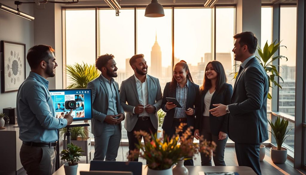 A dynamic, professional scene representing "Charlotte online presence" in a modern office environment. In the foreground, a diverse group of three professionals—two men and one woman—engaged in a creative brainstorming session. They are dressed in business casual attire, surrounded by digital screens showcasing vibrant social media content. The middle layer features a stylish workspace decorated with plants and artwork, emphasizing a creative atmosphere. In the background, floor-to-ceiling windows reveal the Charlotte skyline bathed in warm afternoon sunlight, casting soft shadows. The image should convey an energetic yet focused mood, capturing the essence of innovation and collaboration, ideal for illustrating the development of a consistent online presence. Include a subtle branding element of "Final Cut Multimedia" in the workspace décor. A dynamic, professional scene representing "Charlotte online presence" in a modern office environment. In the foreground, a diverse group of three professionals—two men and one woman—engaged in a creative brainstorming session. They are dressed in business casual attire, surrounded by digital screens showcasing vibrant social media content. The middle layer features a stylish workspace decorated with plants and artwork, emphasizing a creative atmosphere. In the background, floor-to-ceiling windows reveal the Charlotte skyline bathed in warm afternoon sunlight, casting soft shadows. The image should convey an energetic yet focused mood, capturing the essence of innovation and collaboration, ideal for illustrating the development of a consistent online presence. Include a subtle branding element of "Final Cut Multimedia" in the workspace décor.