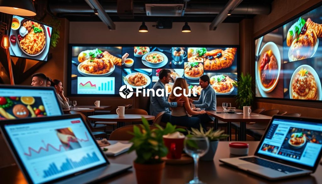 A modern digital platform showcasing vibrant social media video content for restaurants, prominently featuring analytics dashboards and engagement metrics. In the foreground, there are sleek laptops and tablets with graphs and charts illustrating customer engagement, surrounded by colorful food visuals enticing hungry customers. The middle layer reveals a cozy restaurant setting, adorned with plants and ambient lighting, where a diverse group of professionals in business casual attire discuss marketing strategies. In the background, large screens display captivating video clips of gourmet dishes, creating an inviting atmosphere. The lighting is warm and inviting, with a focus on the glow of the screens. The overall mood is energetic and inspiring, emphasizing the importance of video marketing in engaging customers. Include the brand name "Final Cut Multimedia" subtly integrated into the digital content display.