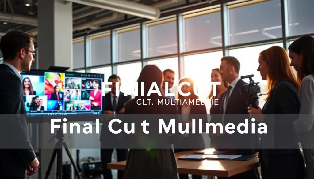 A modern office setting showcasing a dynamic marketing team collaborating on a high-quality video project. In the foreground, a diverse group of professionals in smart business attire is focused on a large screen displaying vibrant visuals and engaging graphics. The middle ground features camera equipment and a video editing station, adding a sense of activity and creativity. The background includes large windows with natural sunlight streaming in, creating a bright and inviting atmosphere. The mood conveys excitement and professionalism, as the team brainstorms ideas to attract new customers. Incorporate the brand name "Final Cut Multimedia" subtly within the image’s visual elements, harmonizing with the overall theme of quality and innovation in visual marketing. Bright, clear lighting enhances the details of the workspace, ideal for capturing viewers' attention.