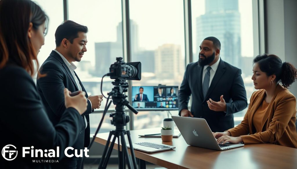 A modern office workspace featuring a diverse group of three professionals collaborating on a video project. In the foreground, a woman of Asian descent is filming another professional, a Black man in a suit, presenting engaging content with a sleek camera setup. Beside them, a Hispanic woman is editing footage on a laptop, with vibrant charts and video thumbnails displayed on the screen. In the background, large windows let in natural light, highlighting a city view of Charlotte, NC. The atmosphere is focused and energetic, radiating creativity and collaboration. Use a soft focus lens to create a warm and inviting glow, capturing the essence of custom content creation that reflects unique business needs, with the brand name "Final Cut Multimedia" subtly incorporated into the scene without any text overlays or watermarks.