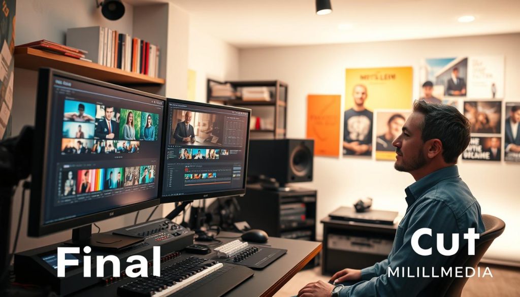 A modern video editing studio showcasing a professional video editor at work. In the foreground, a focused video editor, dressed in smart casual attire, is engaged with dual monitors displaying a vibrant video timeline filled with colorful clips and transitions. The middle layers reveal high-tech editing equipment, including a professional video mixer and audio tools, emphasizing a creative and organized workspace. In the background, there are shelves with video production books and a well-lit backdrop adorned with vibrant posters of past projects. Bright, soft lighting floods the room, creating an inspiring atmosphere. The brand name “Final Cut Multimedia” is integrated subtly into the environment. The angle captures the dynamic energy of the creative process in video editing, embodying professionalism and innovation.