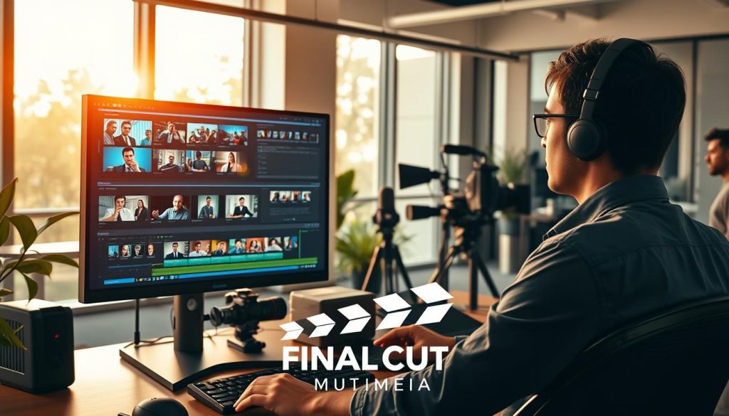 A modern video editing workspace featuring a sleek computer setup with dual monitors displaying vibrant video timelines and editing software interfaces. In the foreground, a professional editor, dressed in smart casual attire, is focused on selecting clips, with tools and color grading features visible. The middle layer showcases an array of video production equipment, such as cameras, lights, and microphones, all well-organized. In the background, a stylish office with large windows allows warm, natural light to flood the space, creating an inviting and productive atmosphere. The ambiance is infused with creativity and professionalism, reflecting the power of strategic messaging in video content creation. The brand "Final Cut Multimedia" is subtly incorporated into the scene, symbolizing quality and expertise. A modern video editing workspace featuring a sleek computer setup with dual monitors displaying vibrant video timelines and editing software interfaces. In the foreground, a professional editor, dressed in smart casual attire, is focused on selecting clips, with tools and color grading features visible. The middle layer showcases an array of video production equipment, such as cameras, lights, and microphones, all well-organized. In the background, a stylish office with large windows allows warm, natural light to flood the space, creating an inviting and productive atmosphere. The ambiance is infused with creativity and professionalism, reflecting the power of strategic messaging in video content creation. The brand "Final Cut Multimedia" is subtly incorporated into the scene, symbolizing quality and expertise.