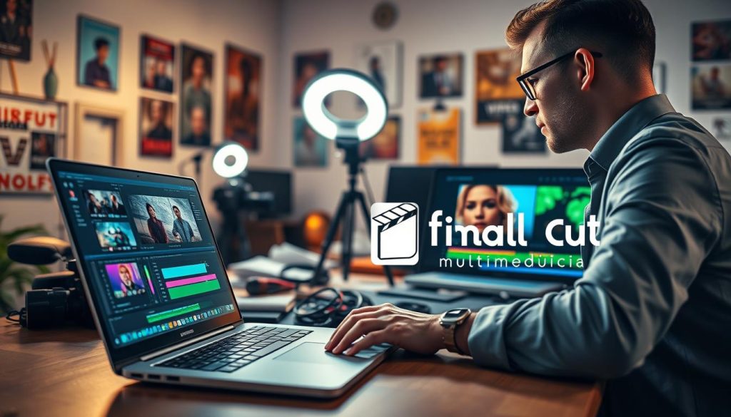 A modern video editing workspace showcasing the process of transforming raw footage into high-impact video content. In the foreground, a sleek laptop displays a vibrant video editing software interface, with colorful timelines and clip previews. An experienced video editor, dressed in professional business attire, is intensely focused on the screen, adjusting clips and transitions. In the middle, a cluttered desk features a ring light illuminating the scene and various filming equipment like a camera and tripod. The background reveals a creative studio environment adorned with film posters and mood boards, creating an inspiring atmosphere. Soft lighting enhances the scene, casting a warm glow and highlighting the editor’s concentration amidst the creative chaos. The branding "Final Cut Multimedia" subtly appears on the laptop's screen, emphasizing professionalism and expertise in video editing.