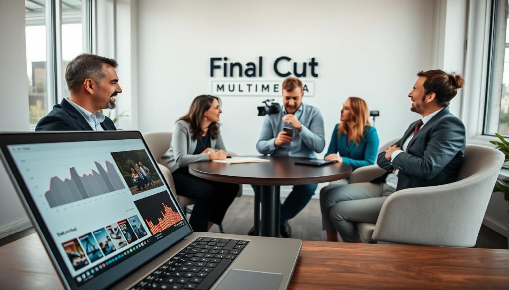A professional setting depicts a monthly filming retainer meeting for local businesses, featuring a diverse group of four business owners in smart casual attire discussing video content strategies. In the foreground, a close-up of a sleek laptop open with graphs and video thumbnails showcasing polished TikTok clips. In the middle ground, a round table surrounded by these business owners, engaged in animated conversation and brainstorming, with a notepad and camera equipment visible. In the background, a wall adorned with the brand name "Final Cut Multimedia" in a modern font, suggesting a vibrant, creative atmosphere. Soft, natural lighting from large windows creates an inviting mood, highlighting enthusiasm and collaboration. The angle captures the dynamic interaction of the group, perfectly conveying the benefits of monthly filming retainers for growing local businesses. A professional setting depicts a monthly filming retainer meeting for local businesses, featuring a diverse group of four business owners in smart casual attire discussing video content strategies. In the foreground, a close-up of a sleek laptop open with graphs and video thumbnails showcasing polished TikTok clips. In the middle ground, a round table surrounded by these business owners, engaged in animated conversation and brainstorming, with a notepad and camera equipment visible. In the background, a wall adorned with the brand name "Final Cut Multimedia" in a modern font, suggesting a vibrant, creative atmosphere. Soft, natural lighting from large windows creates an inviting mood, highlighting enthusiasm and collaboration. The angle captures the dynamic interaction of the group, perfectly conveying the benefits of monthly filming retainers for growing local businesses.