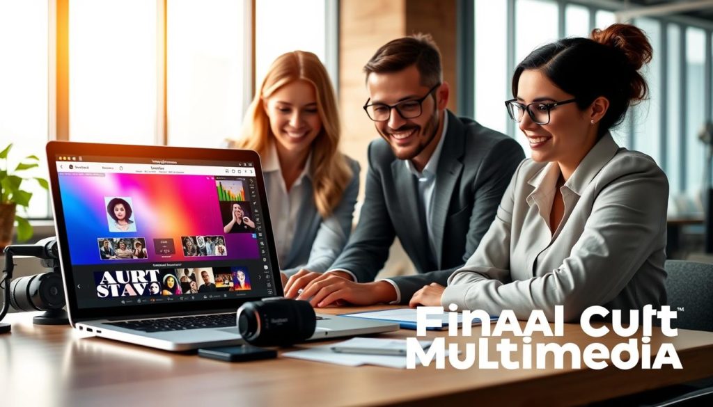 A professional workspace scene focused on Instagram Reels services, highlighting a diverse group of three business professionals in smart casual attire, collaborating around a sleek laptop displaying Instagram Reels content. In the foreground, visually appealing social media graphics and analytics charts are visible on the laptop screen, symbolizing growth and engagement. The middle ground features creative tools like cameras and editing software, with vibrant colors illuminating the atmosphere. The background shows a modern office with large windows letting in soft, natural light, creating a motivating and energetic mood. The setting conveys a sense of professional creativity and innovation, emphasizing the importance of social media visibility. The branding “Final Cut Multimedia” subtly integrated into the workspace visuals.