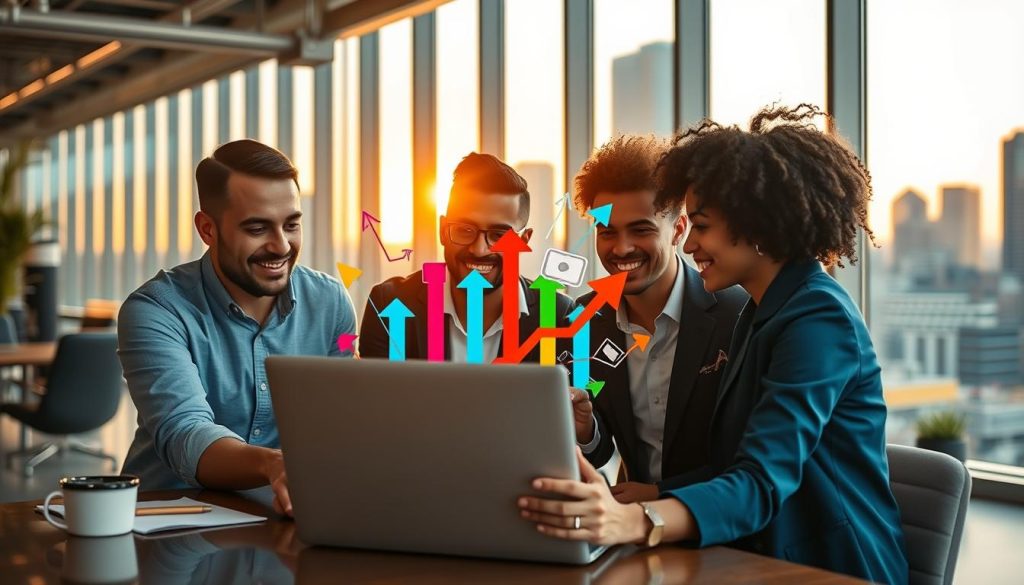 A vibrant and dynamic digital marketing scene showcasing "Final Cut Multimedia" as a key player in Instagram Reels services. In the foreground, a diverse group of three professionals in smart casual attire collaborate around a laptop, with one showing engaging Instagram Reels on the screen. In the middle, colorful visual elements representing social media growth, like upward arrows and likes, swirl around them, enhancing the sense of energy. The background features a modern office setting with large windows overlooking the Charlotte skyline, bathed in warm, golden hour light to create a welcoming atmosphere. The overall mood is innovative and uplifting, capturing the essence of brand visibility and creative engagement in the local market.