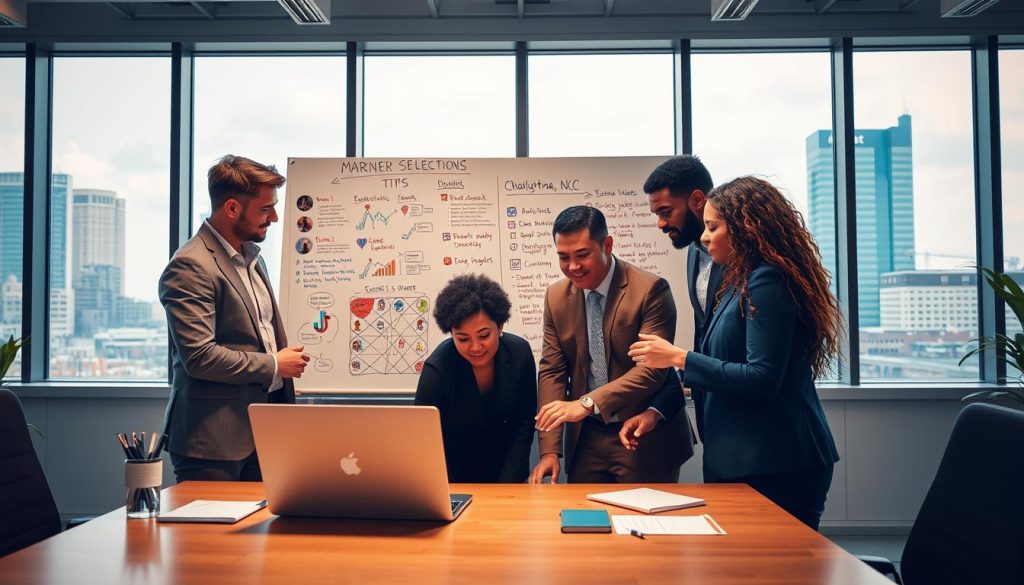 A visually engaging scene depicting a diverse group of professionals brainstorming in a modern office setting. In the foreground, emphasize three individuals, dressed in professional business attire, collaborating over a laptop displaying TikTok analytics and marketing strategies. The middle ground shows a stylish whiteboard filled with colorful marketing ideas and partner selection criteria. In the background, large windows flood the space with natural light, highlighting a cityscape of Charlotte, NC. Use a warm color palette to evoke a sense of creativity and ambition. The overall atmosphere should be dynamic and focused, illustrating the importance of teamwork and informed decision-making in choosing the right partner, especially for a brand like Final Cut Multimedia. A visually engaging scene depicting a diverse group of professionals brainstorming in a modern office setting. In the foreground, emphasize three individuals, dressed in professional business attire, collaborating over a laptop displaying TikTok analytics and marketing strategies. The middle ground shows a stylish whiteboard filled with colorful marketing ideas and partner selection criteria. In the background, large windows flood the space with natural light, highlighting a cityscape of Charlotte, NC. Use a warm color palette to evoke a sense of creativity and ambition. The overall atmosphere should be dynamic and focused, illustrating the importance of teamwork and informed decision-making in choosing the right partner, especially for a brand like Final Cut Multimedia.