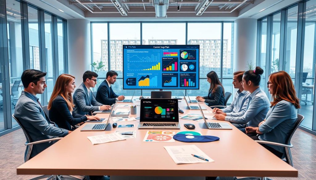 Visualize a dynamic workspace themed around a "Content Support Plan" for digital marketing, specifically tailored for TikTok. In the foreground, a diverse team of professionals in business attire collaborates around a sleek conference table filled with laptops, documents, and colorful TikTok-related graphics. The middle ground showcases a large digital screen displaying analytics charts, user engagement metrics, and content strategy outlines. In the background, a modern office setting with large windows allows natural light to flood in, creating an inviting atmosphere. The color palette should feature vibrant yet professional hues, conveying creativity and strategy. Capture this scene with a wide-angle lens to emphasize teamwork and innovation, ensuring the overall mood is focused, energetic, and inspiring, reflective of Final Cut Multimedia’s commitment to elevating brand presence. Visualize a dynamic workspace themed around a "Content Support Plan" for digital marketing, specifically tailored for TikTok. In the foreground, a diverse team of professionals in business attire collaborates around a sleek conference table filled with laptops, documents, and colorful TikTok-related graphics. The middle ground showcases a large digital screen displaying analytics charts, user engagement metrics, and content strategy outlines. In the background, a modern office setting with large windows allows natural light to flood in, creating an inviting atmosphere. The color palette should feature vibrant yet professional hues, conveying creativity and strategy. Capture this scene with a wide-angle lens to emphasize teamwork and innovation, ensuring the overall mood is focused, energetic, and inspiring, reflective of Final Cut Multimedia’s commitment to elevating brand presence.