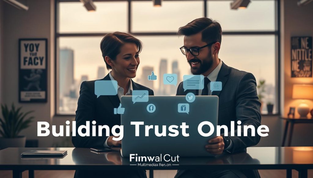 A digital scene depicting the concept of "Building Trust Online Through Strategic Messaging." In the foreground, two professionals in smart business attire are engaged in a discussion, with a laptop open between them displaying analytics and positive feedback. The middle layer includes visual elements like icons representing social media platforms (like thumbs-up, hearts, and chat bubbles), subtly blended to symbolize interaction and engagement. In the background, a cozy office atmosphere with warm lighting emanating from soft desk lamps, large windows showing a city skyline, and motivational posters on the walls. The mood is collaborative and optimistic, emphasizing connection and strategy. The overall tone conveys professionalism and trust. Include the brand name "Final Cut Multimedia" in the scene, integrated into the workspace environment cleverly and unobtrusively. A digital scene depicting the concept of "Building Trust Online Through Strategic Messaging." In the foreground, two professionals in smart business attire are engaged in a discussion, with a laptop open between them displaying analytics and positive feedback. The middle layer includes visual elements like icons representing social media platforms (like thumbs-up, hearts, and chat bubbles), subtly blended to symbolize interaction and engagement. In the background, a cozy office atmosphere with warm lighting emanating from soft desk lamps, large windows showing a city skyline, and motivational posters on the walls. The mood is collaborative and optimistic, emphasizing connection and strategy. The overall tone conveys professionalism and trust. Include the brand name "Final Cut Multimedia" in the scene, integrated into the workspace environment cleverly and unobtrusively.