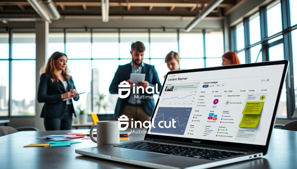 A modern office setting showcasing the concept of a monthly content retainer for businesses. In the foreground, a sleek laptop with an open dashboard displaying analytics and content calendar, surrounded by colorful sticky notes and a steaming coffee mug. The middle ground features a diverse team of three professionals: a woman in business attire reviewing content strategies, a man casually dressed brainstorming with a notepad, and another woman discussing ideas with a laptop in hand. The background is filled with large windows letting in natural light, with a view of a cityscape. The atmosphere is productive and collaborative, conveying a strong sense of teamwork. The branding "Final Cut Multimedia" subtly integrated within the workspace elements. Bright and inviting lighting creates an optimistic mood.