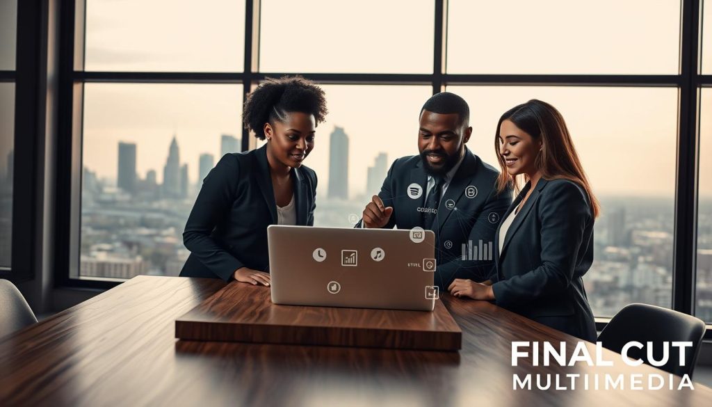 A sleek modern office environment serves as the background, showcasing a large window with a view of a city skyline in Charlotte, NC, bathed in soft natural light. In the foreground, a diverse group of three professionals—one African American woman, one Caucasian man, and one Hispanic woman—are gathered around a laptop on a stylish wooden table, deeply engaged in strategizing social media content. They are dressed in smart business attire, exuding a sense of collaboration and focus. Various social media icons and analytics charts subtly flow around them, creating a dynamic and energetic atmosphere. The lighting highlights their expressions of determination and creativity, emphasizing the importance of professional social media content services for business growth. In the corner, the brand name "Final Cut Multimedia" is subtly integrated into the scene without distraction. A sleek modern office environment serves as the background, showcasing a large window with a view of a city skyline in Charlotte, NC, bathed in soft natural light. In the foreground, a diverse group of three professionals—one African American woman, one Caucasian man, and one Hispanic woman—are gathered around a laptop on a stylish wooden table, deeply engaged in strategizing social media content. They are dressed in smart business attire, exuding a sense of collaboration and focus. Various social media icons and analytics charts subtly flow around them, creating a dynamic and energetic atmosphere. The lighting highlights their expressions of determination and creativity, emphasizing the importance of professional social media content services for business growth. In the corner, the brand name "Final Cut Multimedia" is subtly integrated into the scene without distraction.