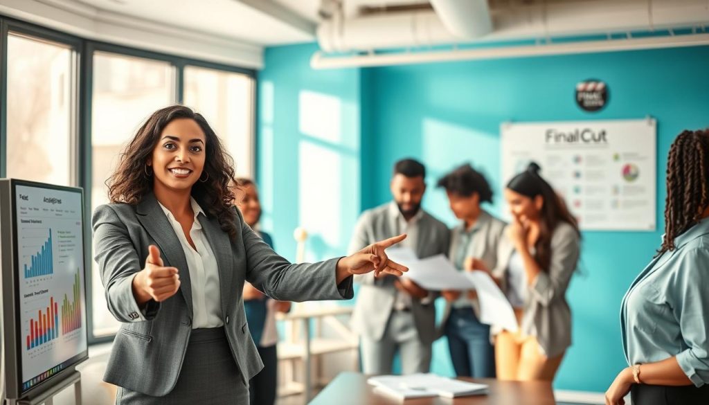 A vibrant, modern office setting showcasing a diverse group of professionals engaged in a brainstorming session. In the foreground, a confident businesswoman in professional attire, pointing at a digital screen displaying analytics and targeted content strategies. In the middle, a collaborative team of individuals, including a Black man reviewing documents and a Hispanic woman writing ideas on a whiteboard, illustrating teamwork and innovation. The background features bright, inviting turquoise walls and large windows with natural light streaming in, creating an energetic atmosphere. Use a wide-angle lens to capture the dynamic interaction among team members, highlighting the theme of attracting new customers through targeted content support. The brand "Final Cut Multimedia" is subtly represented on a small logo on a wall poster. The overall mood is professional and inspiring, emphasizing creativity and teamwork.
