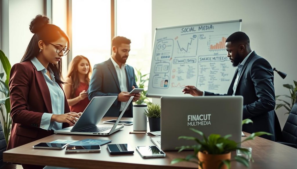 A vibrant, professional office scene showcasing a diverse team of business professionals engaged in social media management. In the foreground, a South Asian woman in smart casual attire analyzes analytics on her laptop, while a Black man in a business suit shares ideas on a whiteboard filled with social media strategy notes. In the middle ground, a modern desk with smartphones and tablets displaying social media platforms, enhancing the focus on technology. The background features a large window with natural light streaming in, illuminating the room and adding warmth to the atmosphere. Incorporate houseplants for a fresh look, emphasizing growth and vitality. The overall mood is dynamic and collaborative, symbolizing the impactful role of social media management in driving business growth. Include the brand name "Final Cut Multimedia" subtly within the scene, like on a laptop sticker.