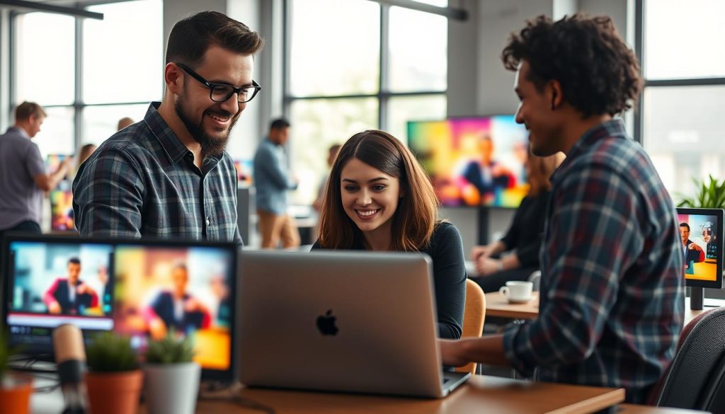 A vibrant workspace featuring a diverse group of professionals engaged in creating short form video content. In the foreground, focus on a man and a woman collaborating over a laptop, both dressed in smart casual attire. The middle ground showcases colorful screens displaying snippets of engaging video content, highlighting dynamic visual elements like fast cuts and animations. In the background, a contemporary office with large windows floods the space with natural light, creating a bright and energetic atmosphere. Use a wide-angle lens to capture the entire scene while emphasizing the collaborative spirit. The mood is creative and upbeat, reflecting the power of short form video content in capturing audience attention for businesses like Final Cut Multimedia in Charlotte, NC. A vibrant workspace featuring a diverse group of professionals engaged in creating short form video content. In the foreground, focus on a man and a woman collaborating over a laptop, both dressed in smart casual attire. The middle ground showcases colorful screens displaying snippets of engaging video content, highlighting dynamic visual elements like fast cuts and animations. In the background, a contemporary office with large windows floods the space with natural light, creating a bright and energetic atmosphere. Use a wide-angle lens to capture the entire scene while emphasizing the collaborative spirit. The mood is creative and upbeat, reflecting the power of short form video content in capturing audience attention for businesses like Final Cut Multimedia in Charlotte, NC.
