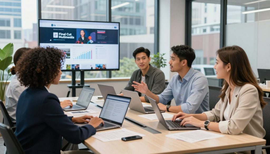 A dynamic office scene featuring a diverse team of business professionals, including a Black woman in business attire, a Hispanic man in smart casual wear, and a Caucasian woman at a modern conference table. They are engaged in brainstorming ideas with laptops and documents spread out, symbolizing ongoing marketing content creation. Bright indoor lighting enhances a productive atmosphere. In the background, digital screens display social media platforms and growth metrics, illustrating success driven by consistent content. Outside the window, a bustling cityscape of Charlotte, NC adds context. The overall mood is energetic and collaborative, emphasizing how continuous marketing drives business growth for "Final Cut Multimedia". Use a wide-angle lens to capture the team interaction and the vibrant office environment.