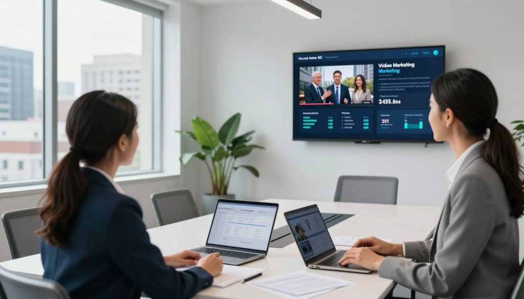 A modern office workspace focusing on measuring ROI from video marketing investments. In the foreground, a confident businesswoman in professional attire examines a digital dashboard displaying video metrics, such as views, engagement rates, and revenue figures. The middle ground shows a sleek conference table with documents and laptops, while an elegant wall-mounted screen showcases a video marketing campaign. The background reveals large windows with a cityscape view of Charlotte, NC, under bright natural lighting. The atmosphere is dynamic and professional, emphasizing ingenuity and success, with a color palette of blues and greens. The brand name "Final Cut Multimedia" is subtly integrated into the office decor, symbolizing innovative video content services. A modern office workspace focusing on measuring ROI from video marketing investments. In the foreground, a confident businesswoman in professional attire examines a digital dashboard displaying video metrics, such as views, engagement rates, and revenue figures. The middle ground shows a sleek conference table with documents and laptops, while an elegant wall-mounted screen showcases a video marketing campaign. The background reveals large windows with a cityscape view of Charlotte, NC, under bright natural lighting. The atmosphere is dynamic and professional, emphasizing ingenuity and success, with a color palette of blues and greens. The brand name "Final Cut Multimedia" is subtly integrated into the office decor, symbolizing innovative video content services.