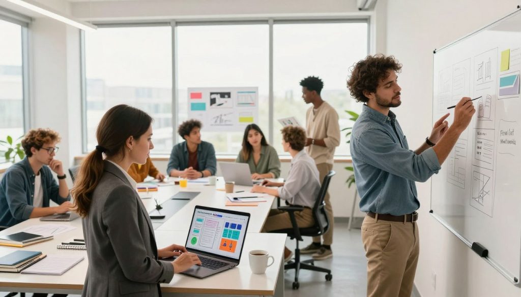 A vibrant office setting showcasing diverse professionals collaborating on creative content. In the foreground, a confident businesswoman in a tailored suit reviews colorful graphics on her laptop, while a thoughtful businessman in business casual attire sketches out ideas on a whiteboard. The middle layer features a group dynamic, with team members exchanging ideas and brainstorming around a modern conference table, surrounded by visual aids including storyboards and marketing materials. The background reveals large windows allowing natural light to flood the space, brightening the mood to evoke creativity and innovation. Use soft, warm lighting to create an inviting atmosphere. The overall feel should be energetic, professional, and focused on collaboration, with the brand "Final Cut Multimedia" subtly integrated into the scene through elements like branded notebooks or mugs. A vibrant office setting showcasing diverse professionals collaborating on creative content. In the foreground, a confident businesswoman in a tailored suit reviews colorful graphics on her laptop, while a thoughtful businessman in business casual attire sketches out ideas on a whiteboard. The middle layer features a group dynamic, with team members exchanging ideas and brainstorming around a modern conference table, surrounded by visual aids including storyboards and marketing materials. The background reveals large windows allowing natural light to flood the space, brightening the mood to evoke creativity and innovation. Use soft, warm lighting to create an inviting atmosphere. The overall feel should be energetic, professional, and focused on collaboration, with the brand "Final Cut Multimedia" subtly integrated into the scene through elements like branded notebooks or mugs.