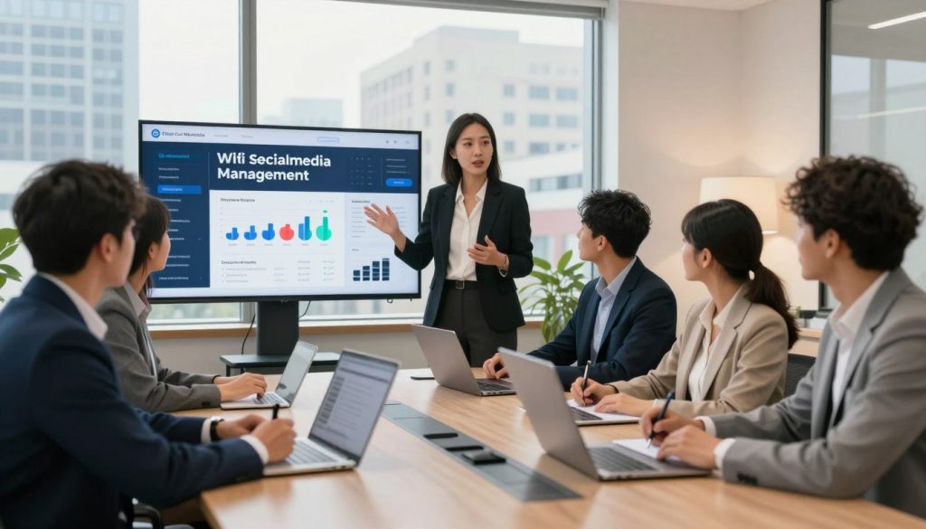 A modern office environment showcasing the concept of social media management, with a diverse group of professionals in smart business attire, engaging around a sleek conference table. In the foreground, a digital screen displays social media analytics and marketing metrics, emphasizing the return on investment theme. In the middle, a woman gestures animatedly while presenting data to her colleagues, who are focused and taking notes. The background features large windows with a cityscape view of Charlotte, NC, filled with natural light, creating an inspiring atmosphere. Utilize soft, warm lighting to evoke a sense of collaboration and professionalism. The scene should convey a sense of strategic planning and empowerment for businesses, reflecting the brand "Final Cut Multimedia" subtly integrated into a displayed report on the table.
