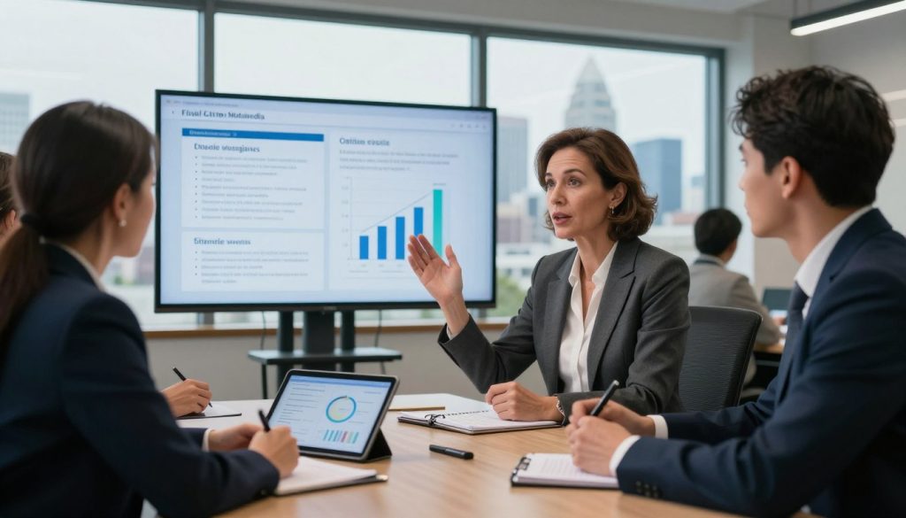 A professional business meeting scene in a sleek, modern office setting, focused on a diverse group of business professionals engaged in a strategic discussion. In the foreground, a middle-aged woman in a tailored suit passionately gestures as she shares ideas about strategic messaging; beside her, a young man in smart attire takes notes, showcasing a digital tablet displaying analytics. The middle section features a large screen with graphs and messaging strategies, while the background reveals large windows with a view of Charlotte's skyline, symbolizing innovation and growth. Soft, natural lighting spills into the room, creating an atmosphere of collaboration and trust. The image should evoke a sense of professionalism, confidence, and focus on building relationships through effective communication. Include Final Cut Multimedia branding subtly in the scene. A professional business meeting scene in a sleek, modern office setting, focused on a diverse group of business professionals engaged in a strategic discussion. In the foreground, a middle-aged woman in a tailored suit passionately gestures as she shares ideas about strategic messaging; beside her, a young man in smart attire takes notes, showcasing a digital tablet displaying analytics. The middle section features a large screen with graphs and messaging strategies, while the background reveals large windows with a view of Charlotte's skyline, symbolizing innovation and growth. Soft, natural lighting spills into the room, creating an atmosphere of collaboration and trust. The image should evoke a sense of professionalism, confidence, and focus on building relationships through effective communication. Include Final Cut Multimedia branding subtly in the scene.