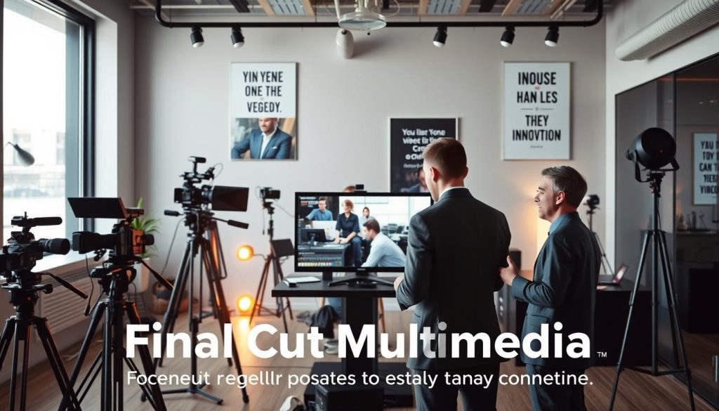 A dynamic video production scene showcasing a professional workspace. In the foreground, a diverse team of three individuals in business attire collaborates around a high-tech editing station, intently reviewing footage on a large monitor. The middle layer features an array of video equipment including cameras, tripods, and lighting setups that reflect a bustling creative atmosphere. The background reveals a sleek office with large windows allowing natural light to flood the space, illuminating motivational posters about innovation and teamwork. The overall mood is focused and energetic, symbolizing regular updates in video content to stay competitive. This scene is branded with "Final Cut Multimedia" subtly integrated into the workspace, enhancing the professionalism of the depiction. A dynamic video production scene showcasing a professional workspace. In the foreground, a diverse team of three individuals in business attire collaborates around a high-tech editing station, intently reviewing footage on a large monitor. The middle layer features an array of video equipment including cameras, tripods, and lighting setups that reflect a bustling creative atmosphere. The background reveals a sleek office with large windows allowing natural light to flood the space, illuminating motivational posters about innovation and teamwork. The overall mood is focused and energetic, symbolizing regular updates in video content to stay competitive. This scene is branded with "Final Cut Multimedia" subtly integrated into the workspace, enhancing the professionalism of the depiction.
