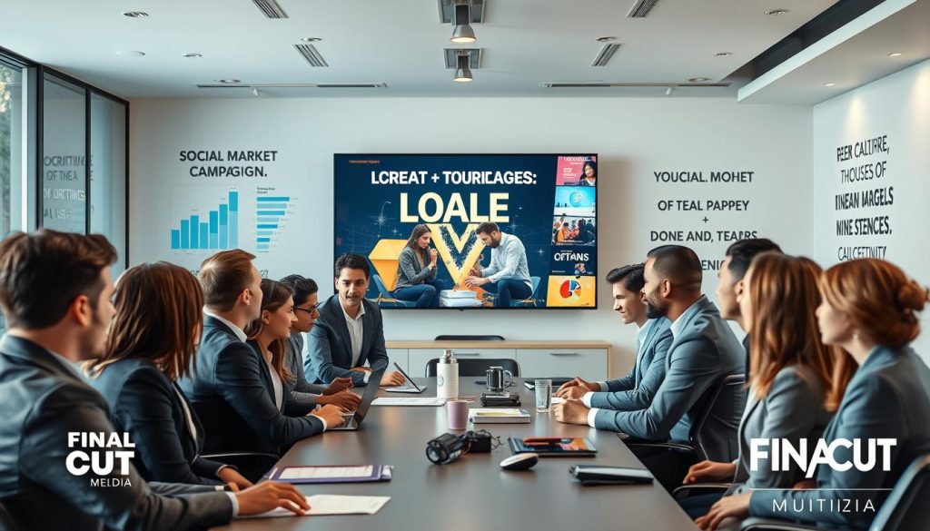 A modern office setting adorned with visual elements representing strategic messaging in local market competition. In the foreground, a diverse group of professionals in smart business attire are engaged in an intense brainstorming session, surrounded by charts and digital displays showcasing social media analytics. The middle ground features a large screen displaying a dynamic video campaign aimed at local audiences with vibrant graphics and engaging visuals, emphasizing creativity and innovation. The background shows a bright, well-lit office with sleek furniture and motivational quotes on the walls. Use soft, natural lighting to create a collaborative and inspiring atmosphere, capturing the essence of focused teamwork and forward-thinking strategy. Final Cut Multimedia logo subtly incorporated into the scene. A modern office setting adorned with visual elements representing strategic messaging in local market competition. In the foreground, a diverse group of professionals in smart business attire are engaged in an intense brainstorming session, surrounded by charts and digital displays showcasing social media analytics. The middle ground features a large screen displaying a dynamic video campaign aimed at local audiences with vibrant graphics and engaging visuals, emphasizing creativity and innovation. The background shows a bright, well-lit office with sleek furniture and motivational quotes on the walls. Use soft, natural lighting to create a collaborative and inspiring atmosphere, capturing the essence of focused teamwork and forward-thinking strategy. Final Cut Multimedia logo subtly incorporated into the scene.