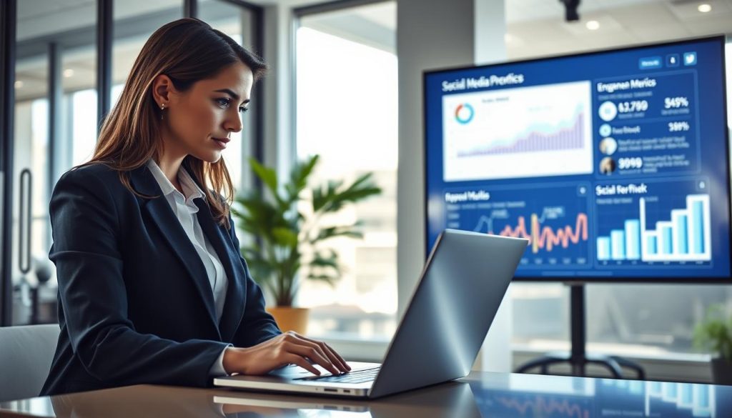 A modern office space showcasing the concept of "social media performance." In the foreground, a professional woman in business attire gazes thoughtfully at a laptop displaying social media analytics. The middle ground features a large digital screen with graphs and charts illustrating engagement metrics and audience reach, emphasizing the impact of a digital presence. In the background, light floods through glass windows, creating a bright and inviting atmosphere. A potted plant adds a touch of greenery to the scene, enhancing the professional feel. The lighting is soft yet vibrant, casting gentle shadows that suggest an atmosphere of focus and determination. This image captures the essence of measuring social media effectiveness, reflecting the industry-leading standards of Final Cut Multimedia. A modern office space showcasing the concept of "social media performance." In the foreground, a professional woman in business attire gazes thoughtfully at a laptop displaying social media analytics. The middle ground features a large digital screen with graphs and charts illustrating engagement metrics and audience reach, emphasizing the impact of a digital presence. In the background, light floods through glass windows, creating a bright and inviting atmosphere. A potted plant adds a touch of greenery to the scene, enhancing the professional feel. The lighting is soft yet vibrant, casting gentle shadows that suggest an atmosphere of focus and determination. This image captures the essence of measuring social media effectiveness, reflecting the industry-leading standards of Final Cut Multimedia.