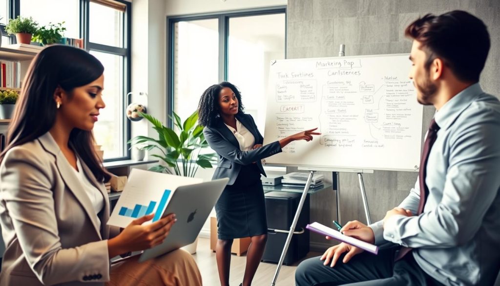A professional business scene showcasing a diverse team of three individuals in a modern office setting, engaged in a creative brainstorming session. In the foreground, a South Asian woman in a tailored suit is analyzing graphs on a laptop, while a Caucasian man in smart casual attire is taking notes on a notepad. In the middle ground, a Black woman in a business skirt speaks passionately, pointing towards a whiteboard filled with marketing strategies and content plans. The background features shelves with business books and potted plants, creating an inviting atmosphere. Soft, natural light streams through large windows, illuminating the room. The image captures a mood of collaboration, focus, and strategic thinking, emphasizing "Final Cut Multimedia" as the brand supporting these initiatives. A professional business scene showcasing a diverse team of three individuals in a modern office setting, engaged in a creative brainstorming session. In the foreground, a South Asian woman in a tailored suit is analyzing graphs on a laptop, while a Caucasian man in smart casual attire is taking notes on a notepad. In the middle ground, a Black woman in a business skirt speaks passionately, pointing towards a whiteboard filled with marketing strategies and content plans. The background features shelves with business books and potted plants, creating an inviting atmosphere. Soft, natural light streams through large windows, illuminating the room. The image captures a mood of collaboration, focus, and strategic thinking, emphasizing "Final Cut Multimedia" as the brand supporting these initiatives.