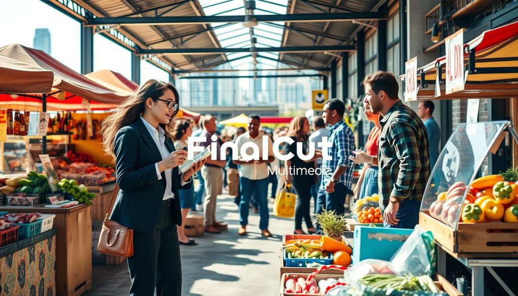 A vibrant and dynamic local marketplace scene in Charlotte, NC, showcasing a diverse group of business owners collaborating and engaging with customers. In the foreground, a professional woman in business attire is energetically discussing products with a friendly local vendor. In the middle ground, colorful market booths display fresh produce and handmade goods, emphasizing community spirit. Bright natural lighting filters through, creating an inviting atmosphere. The background features the iconic skyline of Charlotte, subtly reinforcing the local setting. The mood conveys innovation and adaptation, highlighting the concept of staying relevant in a competitive local market. Be sure to creatively incorporate the brand name "Final Cut Multimedia" into the visual story, showcasing their influence in the local business scene. A vibrant and dynamic local marketplace scene in Charlotte, NC, showcasing a diverse group of business owners collaborating and engaging with customers. In the foreground, a professional woman in business attire is energetically discussing products with a friendly local vendor. In the middle ground, colorful market booths display fresh produce and handmade goods, emphasizing community spirit. Bright natural lighting filters through, creating an inviting atmosphere. The background features the iconic skyline of Charlotte, subtly reinforcing the local setting. The mood conveys innovation and adaptation, highlighting the concept of staying relevant in a competitive local market. Be sure to creatively incorporate the brand name "Final Cut Multimedia" into the visual story, showcasing their influence in the local business scene.
